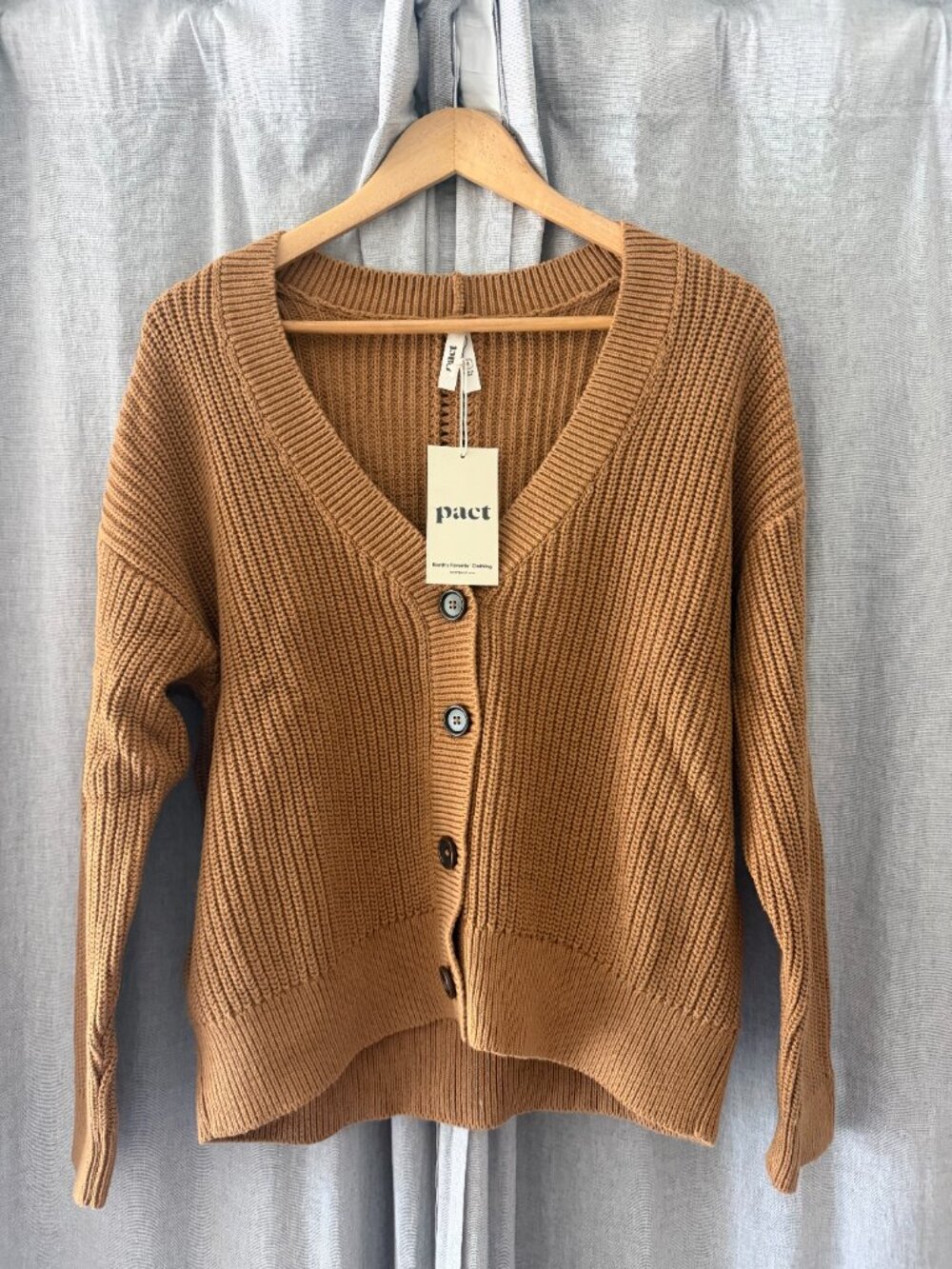 PACT Luxe Knit Cropped Cardigan Organic Cotton Camel NWT Women's Size M - Picture 3 of 5